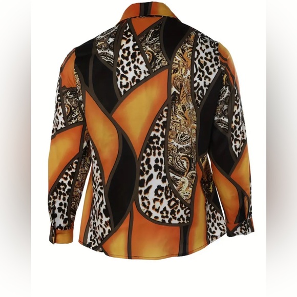 Plus Size Casual Colorblock Leopard Button Up Long Sleeve Turn Down Blouse - Picture 2 of 3